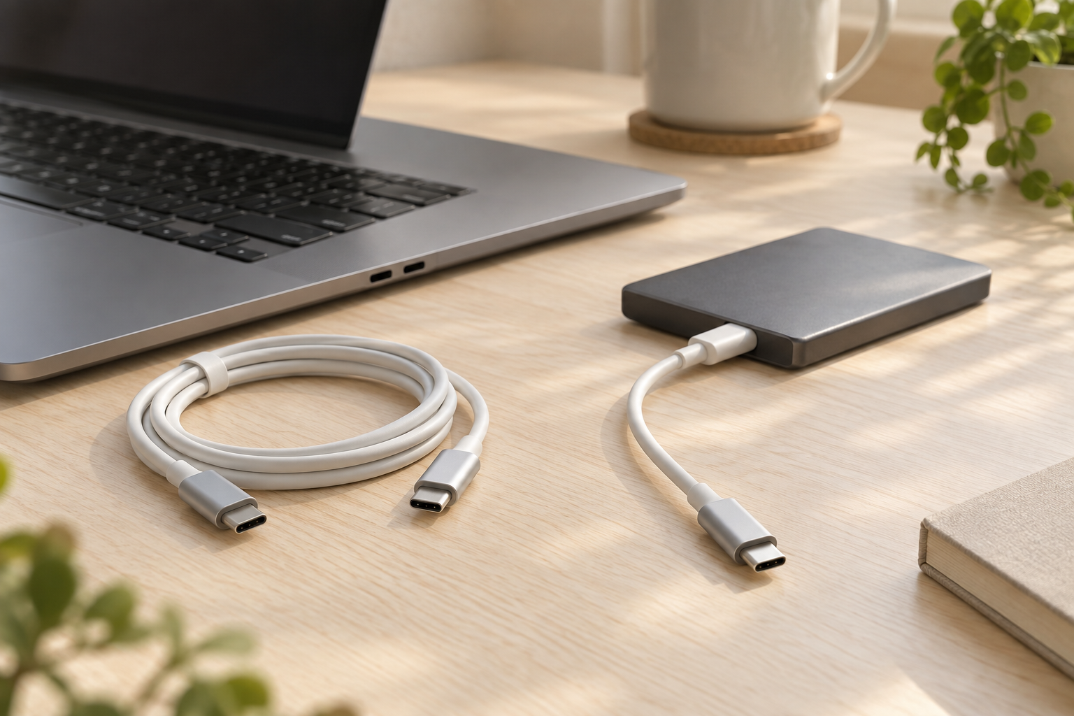 노트북과 외장 SSD 옆에 놓인 USB-C 케이블 구성 예시