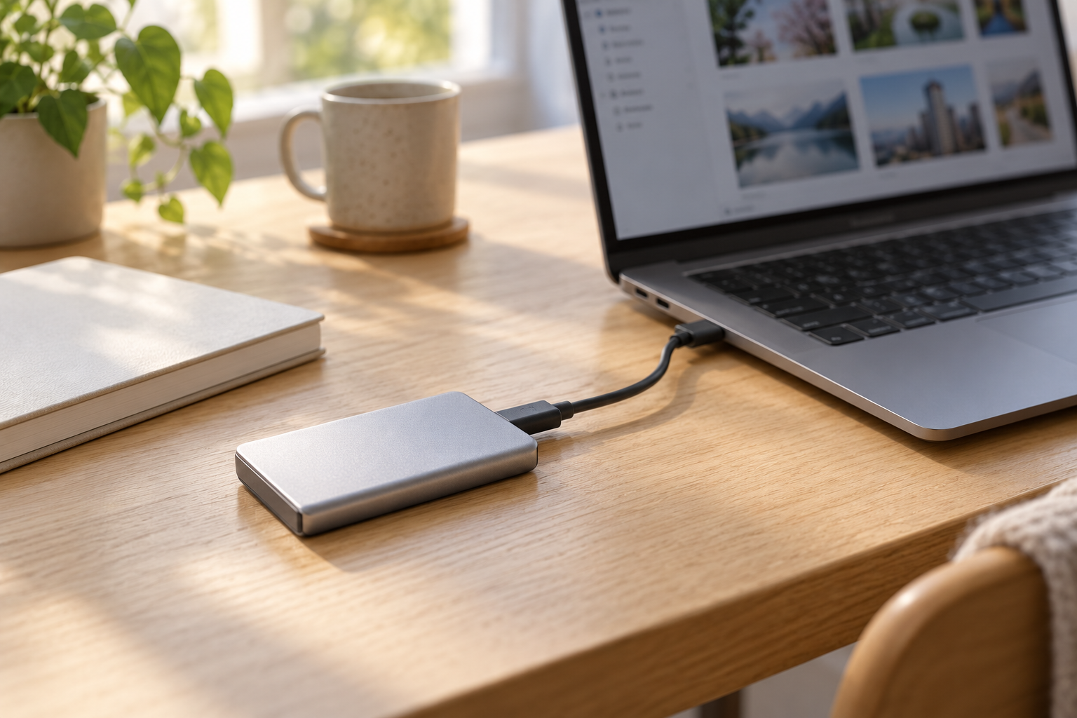노트북에 USB-C 케이블로 연결한 외장 SSD 구성 예시